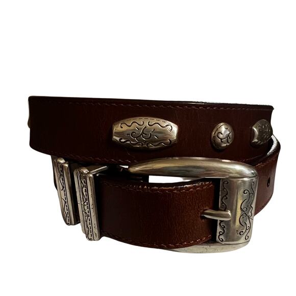 Olga Santini Women's Belt Brown Leather  Silver Metal Detail 1" Wide Style 4175A - Picture 1 of 5
